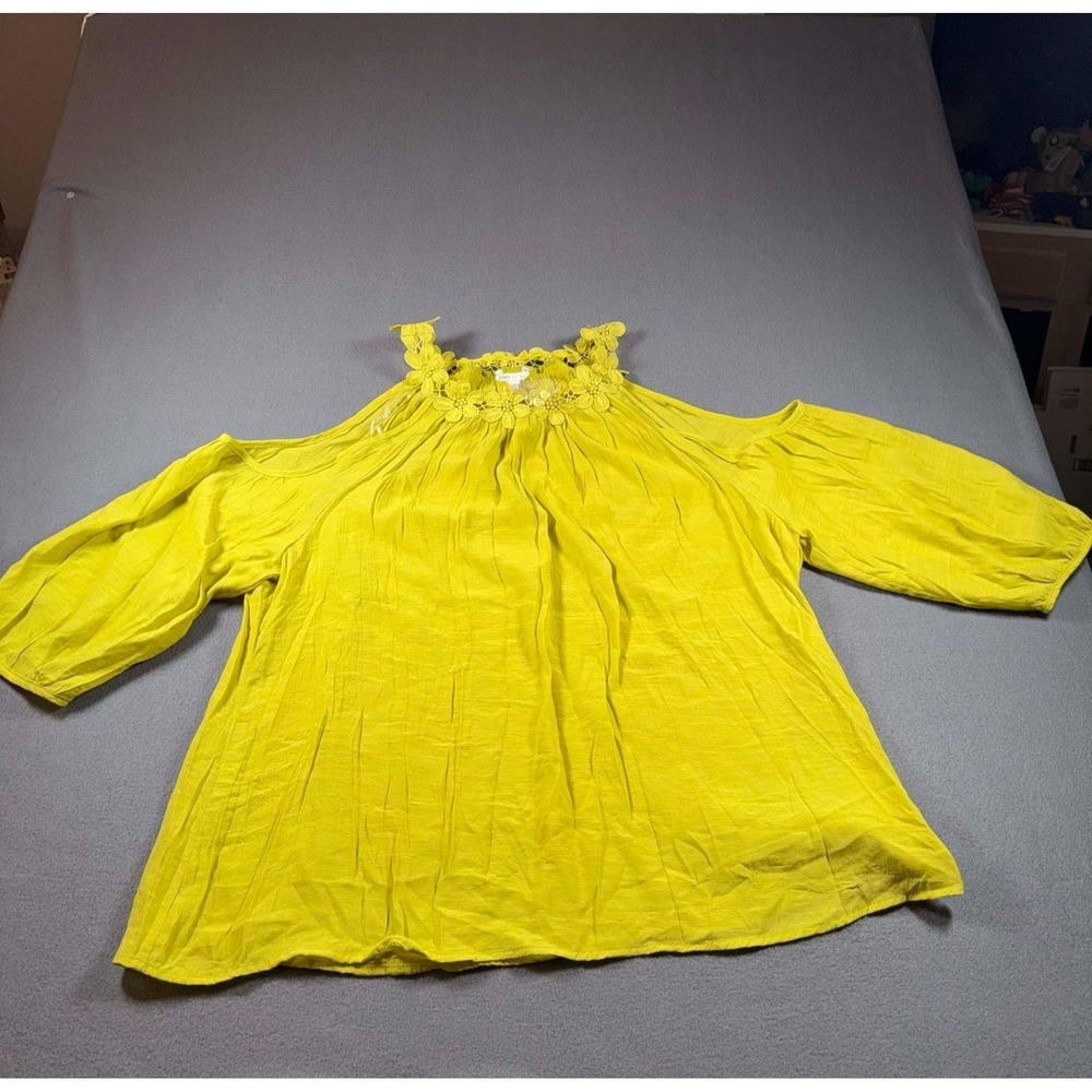 Cato Women's 18/20W Lime Green Cold Shoulder Peasant Top BOHO Cottagecore NWOT